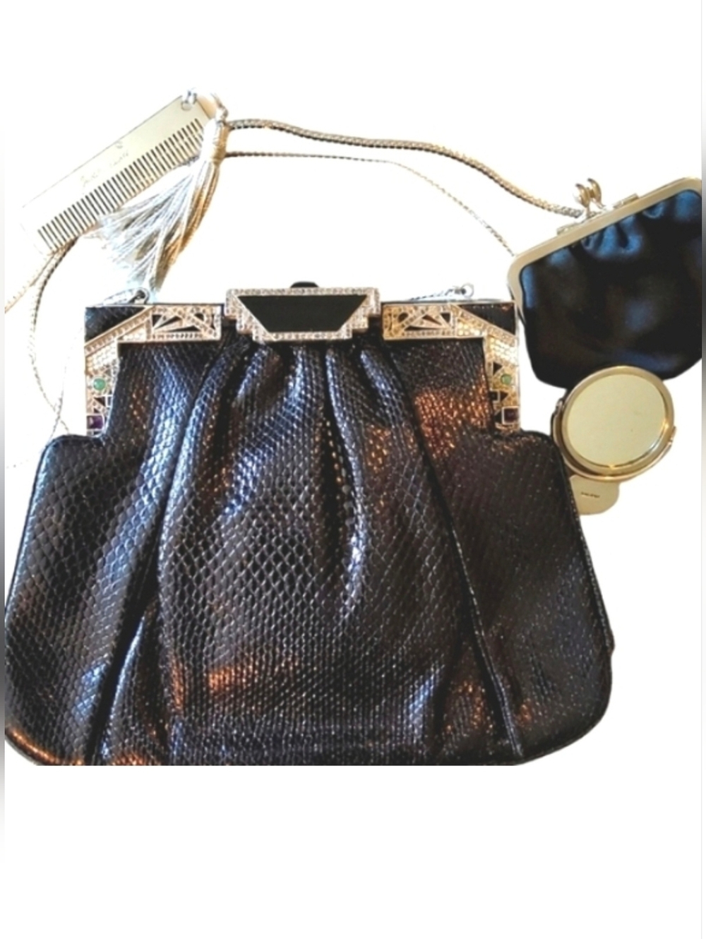 Judith Leiber Black Reptile Leather Bag Crystal Embellished Top Vintage